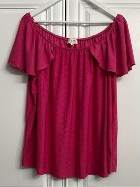 Kim & Cami Size XL Fuchsia Off the Shoulder Flutter Sleeve Eyelet Detail Blouse